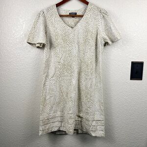 Nicole Miller Original M Linen Shift Dress In White Tan V Neck Short Sleeves